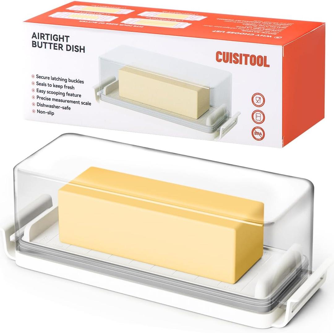 Airtight Butter Dish with Lid for Countertop and Refrigerator Door Shelf, Butter Keeper with Safety Lock, Butter Holder for East/West Coast Butter, One Press to Close, BPA Free, Dishwasher Safe
