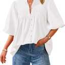 PRETTYGARDEN Women's 2026 Summer Short Lantern Sleeve Tops Loose Fit Button Down Shirt Pleated V Neck Blouses Trendy Clothes (Large, White)