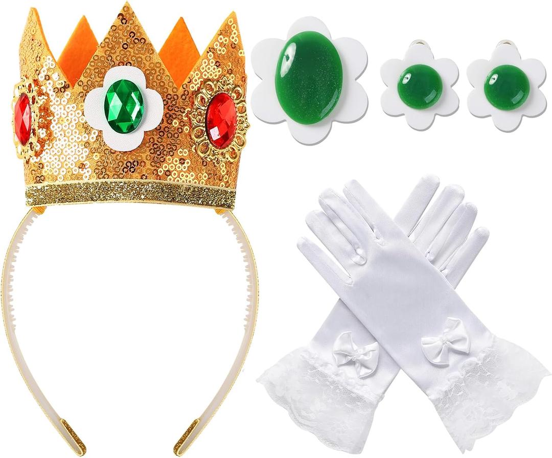 Princess Costume Accessories for Women Crown Headband Clip On Earrings Brooches Gloves Party Dress up (Green)