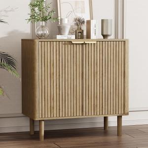 Sideboard Buffet Cabinet with Storage, Modern Fluted Accent Credenza with Doors & Adjustable Shelves, Wood Coffee Bar Console Table for Living Room, Dining Room, Kitchen or Entryway 31.5" Oak