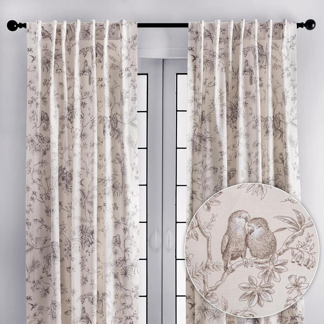 Maison d' Hermine Curtains for living room 100% Cotton 96 inch length Two Panels Light Filtering Toile Curtains for Bedroom Windows with rod and loop Pockets Drapes (Jouy Paradise Beige, 50"W x 96"L)
