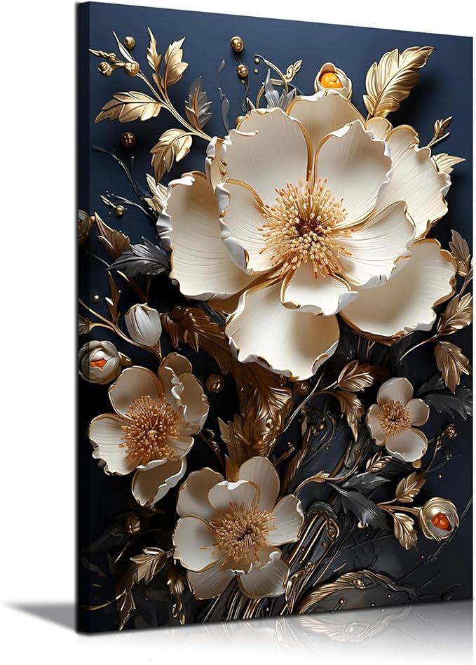 Abstract Flower Canvas Wall Art White Floral Texture Poster Prints Serene Blossoms Wall decor pictures for Bedroom and Bathroom Home Decorations Framed(16inx24in Canvas)