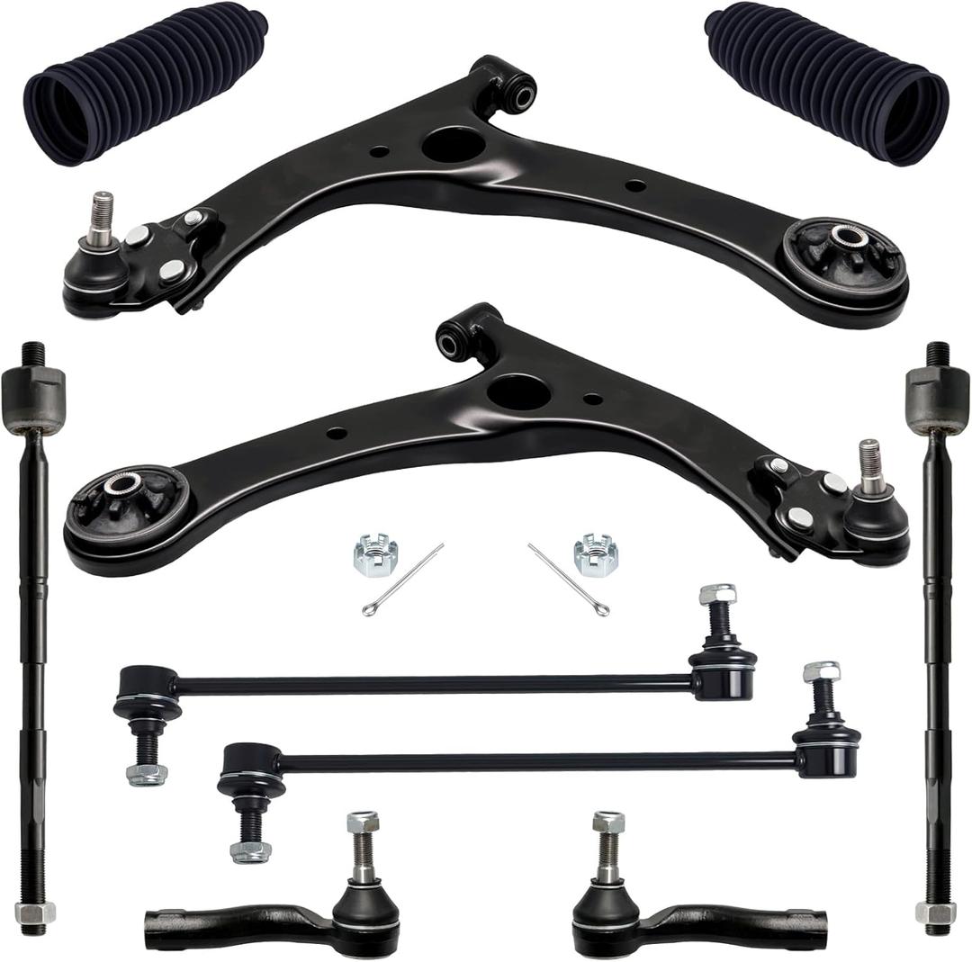 TUCAREST 10Pcs Suspension Kit Fit For 2005 2006 2007-2010 Sc-ion tC, Front Lower Control Arm w/Ball Joint + Outer Inner Tie Rod + Sway Bar + Boots [# MS86126 MS86127 K623913 K80230 EV800096 ES3655]