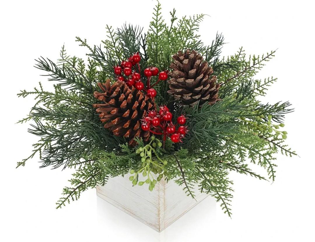 Christmas Centerpieces Table Decorations 10" Small Artificial Potted Christmas Tree Tabletop Pine Plants with Red Berry Pine Cones in Wooden Pot for Home Winter Xmas Mantel Farmhouse Indoor Decor
