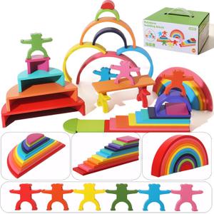 40-Piece Wooden Rainbow Stack Set, 4-in-1 Building Blocks preschoolers Early Development & Activity Toys Montessori Toys for Kids 1 2 3 4 Years and Older Gifts for Boys and Girls
