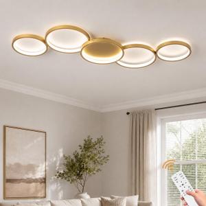 39.37 Inch Modern LED Ceiling Light Fixture, 60W Flush Mount Ceiling Light, 3000K-6000K Adjustable Color Temperature, 5 Ring Design, Gold