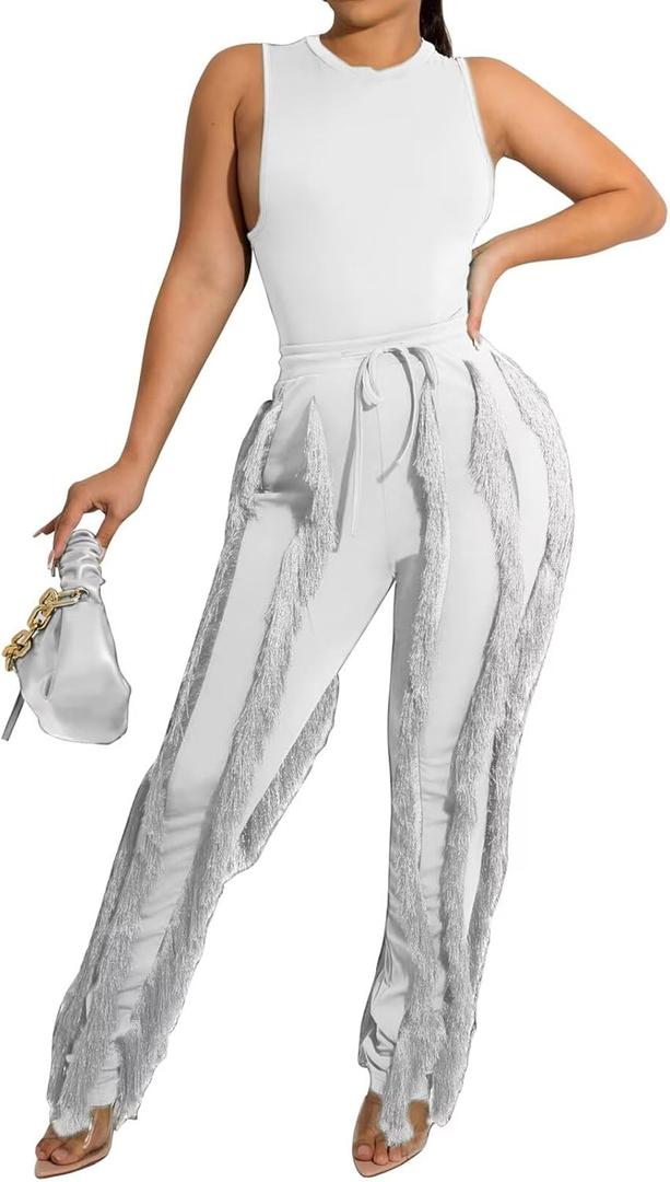 EDITCOZY Women Sexy Two Piece Outfits Fringe Pants Set Tassel Club 2 Piece Sets Going Out Birthday Party Night (XX-Large, White)