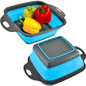 Square Collapsible Colander with Handles  Blue Square Silicone Kitchen Strainers with Plastic Handles Foldable Kitchen Strainer Perfect for Draining Pasta Vegetable and Fruit Blue