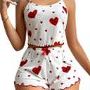 Hilinker Women's Graphic 2 Piece Pajama Set Summer Cute Crop Cami Top and Shorts Ribbed Sleepwear Sets White Red Heart Small