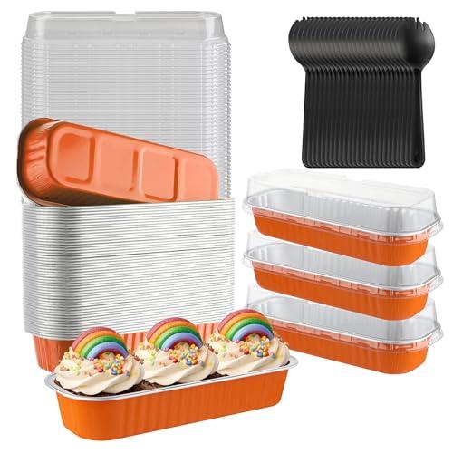 Mini Loaf Pans with Lids, BAKINGPAK 50PCS 6.8OZ 200ML Mini Cake Pans Disposable Aluminum Foil Cupcakes Pans with Lids for Halloween Party Birthday, Orange