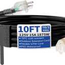 10ft Outdoor/Indoor Extension Cord with Lighted 10/3 Gauge Ultra 3 Prong Heavy Duty SJTW, Waterproof, Flexible Cold-Resistant,15A 125V 1875W, Black