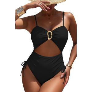 Viottiset Women's Cut Out Drawstring One Piece Swimsuit Cheeky High Cut Bathing Suit (Medium, Black)