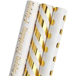 LDGOOAEL Mini Short Wrapping Paper Roll with Cut Lines - Gold Foil with Stripes, Dots & Happy Birthday Lettering for Holiday, Wedding, Baby Shower