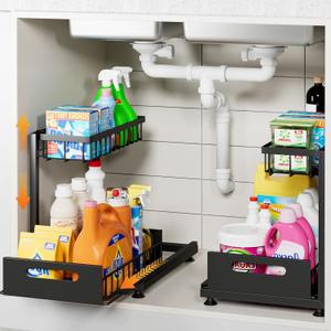 2 Pack Under Sink Organizer Storage 2-Tier Premium Metal Pull-Out Racks, Height Adjustable, Easy Installation | Kitchen & Bathroom Organizers (Black)