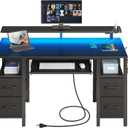 Seventable Computer Desk 55.1" with LED Lights & Power Outlets, Home Office Desk with 4 Drawers, Writing Desk with Keyboard Tray, Study De sk with Monitor Stand, Work for Home Office, Black
