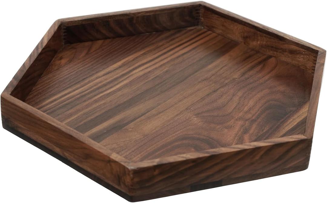 12" Small Hexagonal Black Walnut Wood Ottoman Tray