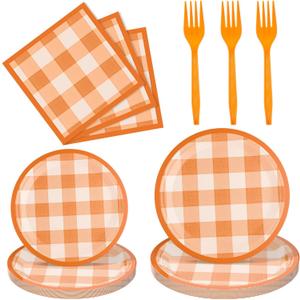 Honeydak 96 Pcs Fall Orange Plaid Party Supplies Thanksgiving Paper Plates and Napkins Fork Autumn Disposable Dinnerware Set Fall Tableware for 24 Guest Thanksgiving Party Decorations (Orange)