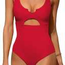 Charmo Ribbed One Piece Swimsuits for Women Cutout Scoop Neck Bathing Suit High Cut Padded Monokini (Large, #1b Red)