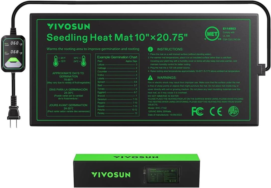 VIVOSUN 10"x20.75" Seedling Heat Mat with Built-in Temperature Controller, UL & MET-Certified Waterproof Plant Heating Pad for Germination, Hydroponics, Brewing, Breeding, and Greenhouses