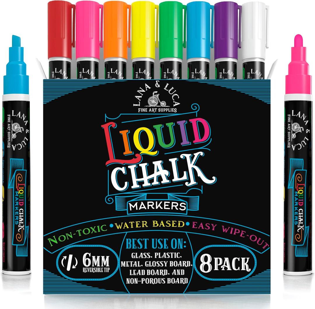 LANA & LUCA Liquid Chalk Markers for Blackboards - Bold Color Dry Erase Marker Pens - Chalkboards Signs, Windows, Blackboard, Glass - 6mm Reversible Tip (8 Pack)