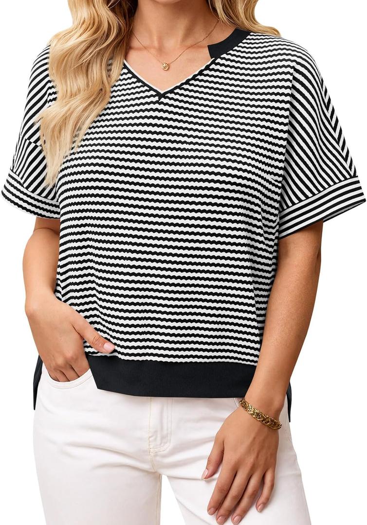 Fisoew Womens Short Sleeve Sweater Summer V Neck Striped Pullover Tops Casual High Low Loose Slit Cropped T Shirts (Black)