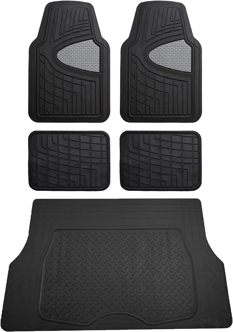 FH Group Premium Liners Tall Channel Trimmable All Weather Rubber Full Set Car Floor Mats (Gray) w. Trimmable All-Season Cargo Liner (Black) - Universal Fit for Cars Trucks and SUVs