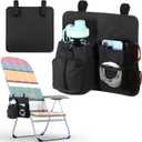 Beach Chair Cup Holder Attachment Nylon Chair Drink Holder Phone Water Bottle Holder Organizer 4 Pockets with 2 Self Adhesive Strap for Patio Lounger, Foldable Camping Chair(Black)
