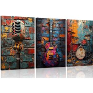 3Pcs Graffiti Musical Instruments Canvas Wall Art Cool Music Theme Posters Print Artwork Modern Colorful Room Painting Pictures Wall Decor for Studio Gallery Home Decoration 12x16In Framed