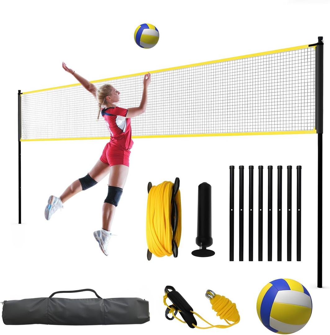 32FT Volleyball Net Set for Training, Adjustable Height 7.4' to 8' Volleyball Net Anti-Sagging, with Ball & Pump, Ground Stakes, Portable Carry Bag, Indoor & Outdoor Use