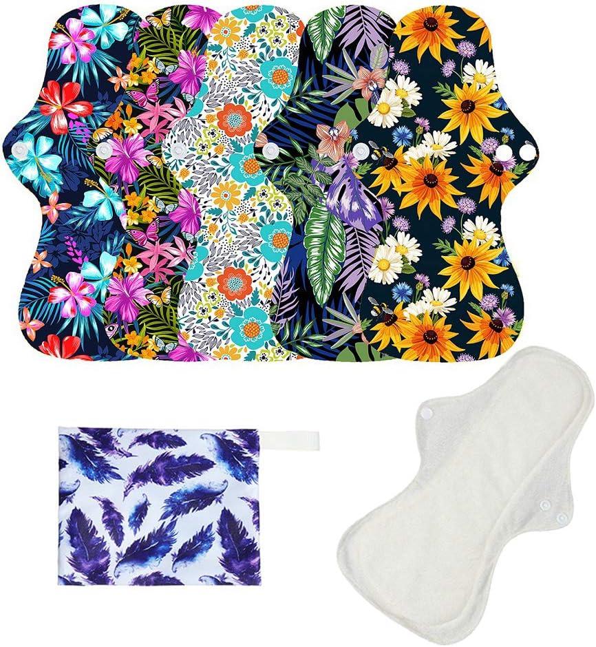 6pcs/Set Resuable Washable Incontinence Pads, Waterproof Organic Bamboo Resuable Menstrual Pads Sets, Including 5pcs Heavy Flow Cloth Mama Sanitary Napkins + 1pc Mini Wet Bag