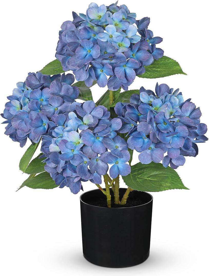 Hollyone 19" Hydrangea Artificial Flowers in Black Pot, 7.5" Large Fake Hydrangeas Blue Silk Flowers, Decorative Potted Flowers for Home Decor, Living Room, Tabletop, Desk, Kitchen Decorations, 
13D x 13W x 22H centimetres
