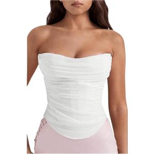 Floerns Women's Strapless Ruched Tube Tops Sleeveless Bandeau Concert Corset Top (Large, White)