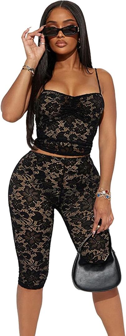 Mandonce Sexy Outfits For Women Pants Sets Lace Sleeveless Camisole Tops Match Skinny Lace Capri Pants Clubwear Trendy (Medium, 0black)