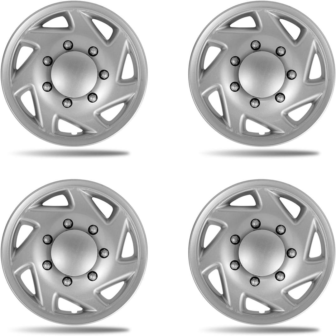 16 Inch OEM Replica Wheel Covers for 1992-2025 Ford E150 E250 E350 E450, Fits 8-Lug SRW Steel Wheels, OEM#F8UZ-1130-AA Replacement, 4-Pack Silver Hubcaps