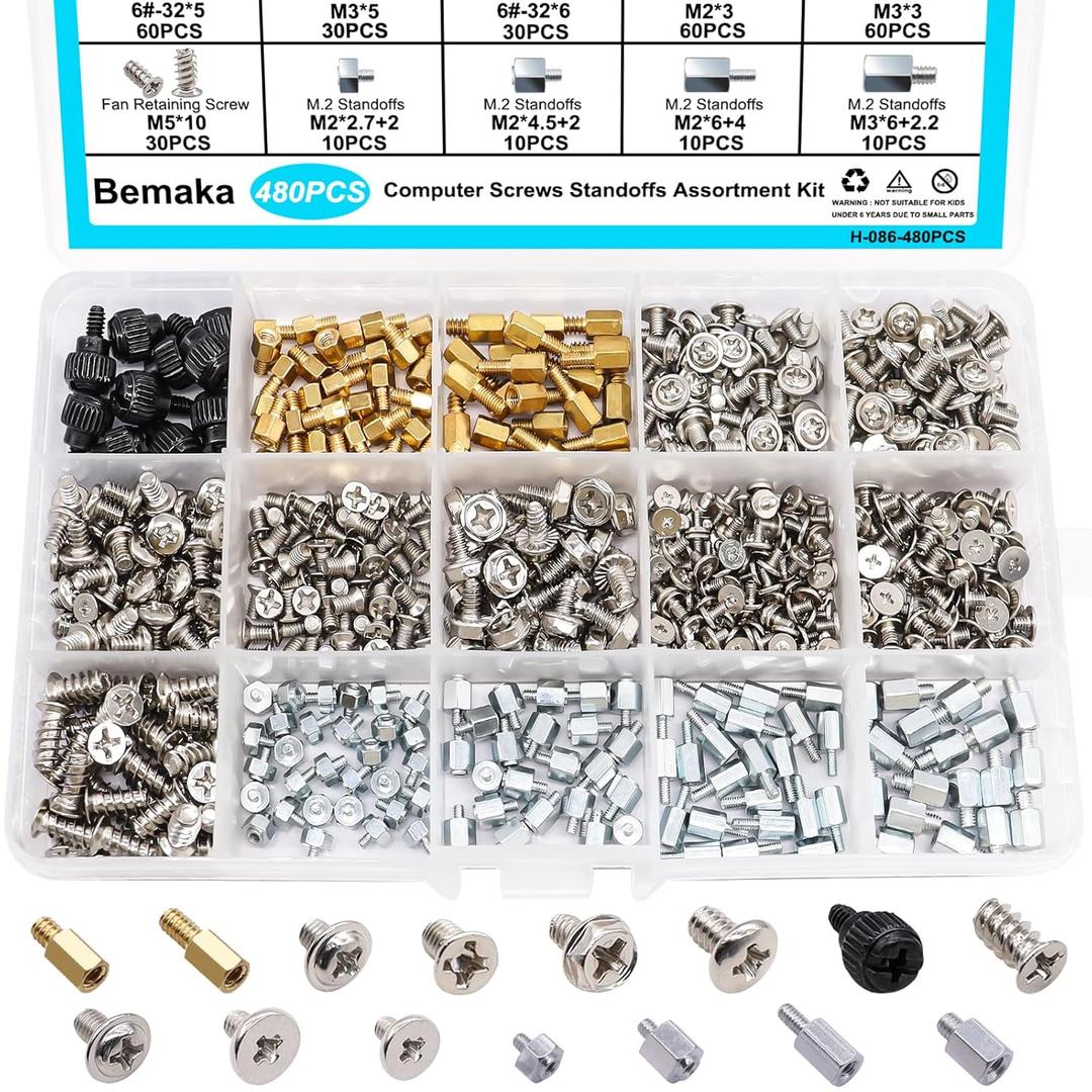 480PCS M.2 Screws Motherboard Standoffs Screws Computer Screws Assortment Kit, NVMe Screws M.2 SSD Mounting Screws for Motherboard, SSD, HDD Hard Drive, PC Fan, PC Case