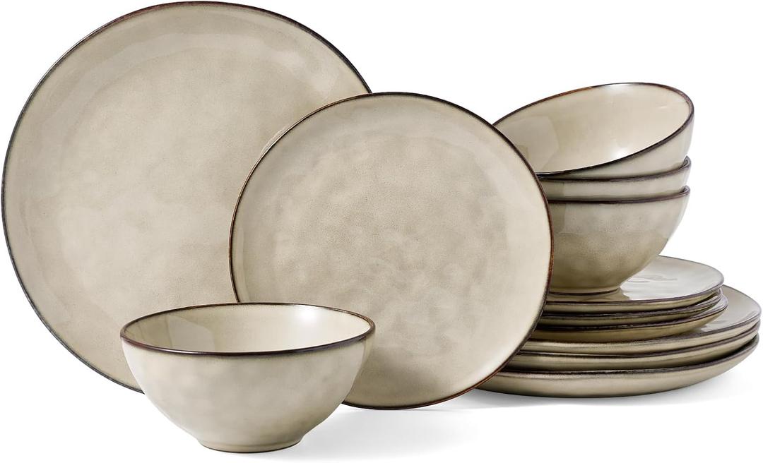 Famiware Dinnerware Sets for 4, Ocean Round 12-Piece Kitchen Plates and Bowls Sets, Microwave and Dishwasher Safe, Scratch Resistant, Light khaki