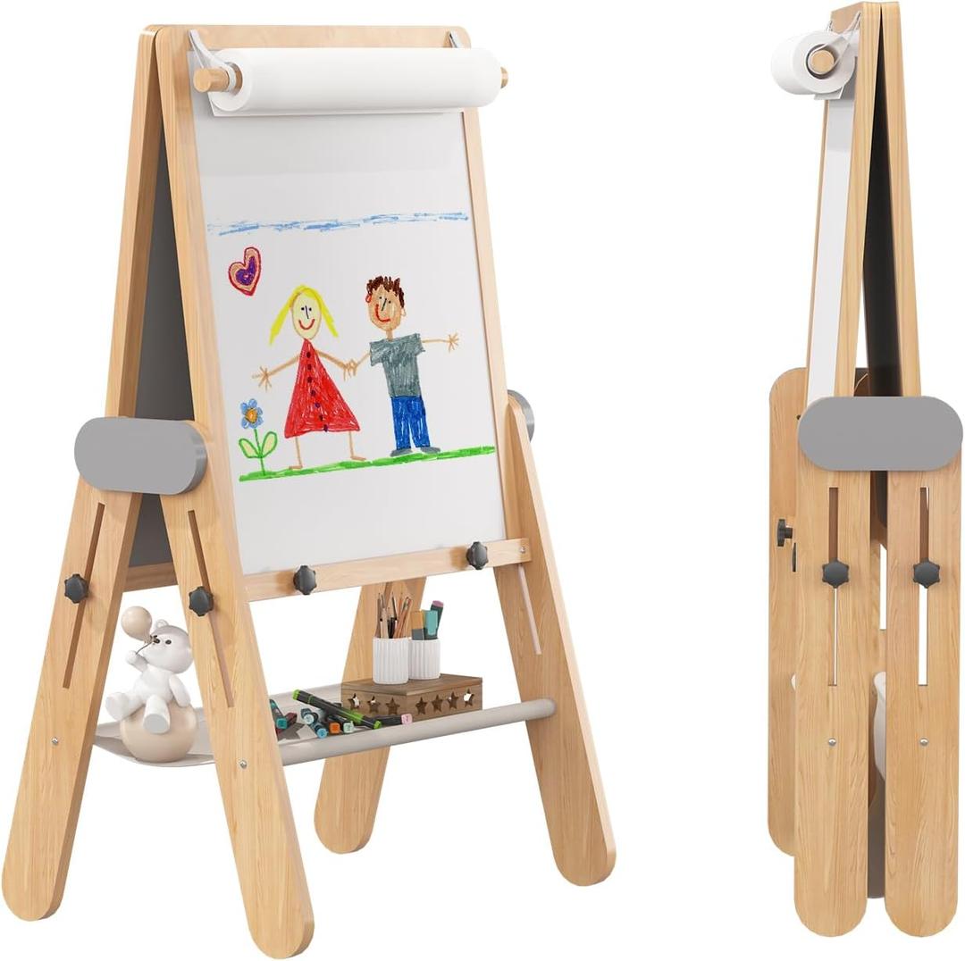 BanaSuper 3-In-1 Folding Kids Art Easel - Double-Sided Foldable Wooden Art Easel with Chalkboard & Whiteboard, Height Adjustable, Portable Art Station with Paper Roll Holder, Ideal Gift for Girl & Boy