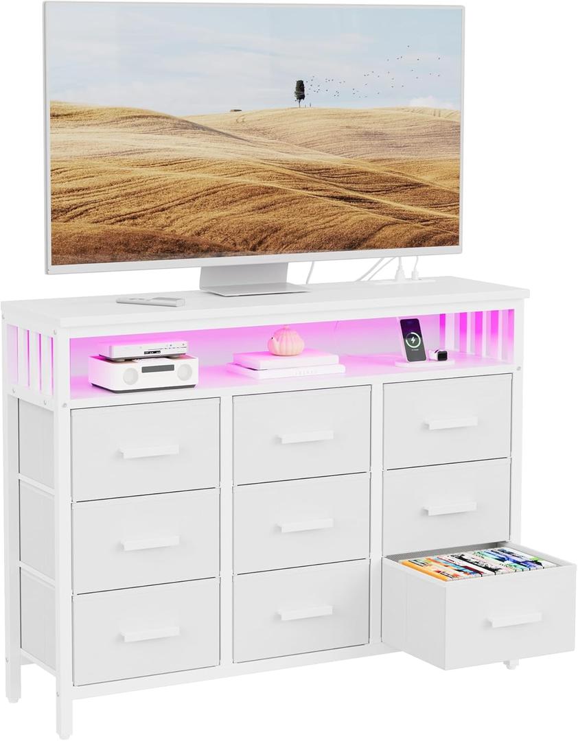 9 Drawer Dresser TV Stand with LED Lights & Power Outlets, Entertainment Center with Open Shelf, Media Console for 50 TV, Large Storage Dresser for Bedroom (White)