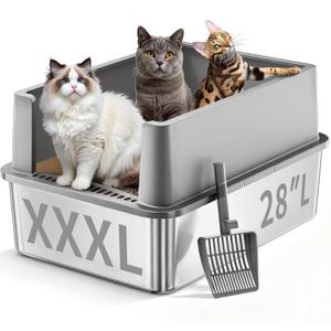 XXXL Stainless Steel Litter Box,28"L*20"W*12.5"H Large Capacity Metal Cat Litter Box for Big & Multiple Cats,Anti-Leakage,Non-Stick Surface for Easy Cleaning,Odor-Resistant,Scratch-Resistant (Gray)