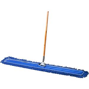 Commercial Floor Sweeper, 48 in. Reusable Mop Head, Wooden Handle, Industrial Dry Mop for Hardwood Floors, Blue