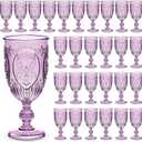 Wiwiqing 48 Pcs Plastic Goblets 7.5oz Vintage Goblet Plastic Wine Glasses Colored Retro Embossed Water Goblets for Wine Bar Juice Baby Shower Wedding Reception Grand Event Party (Purple)