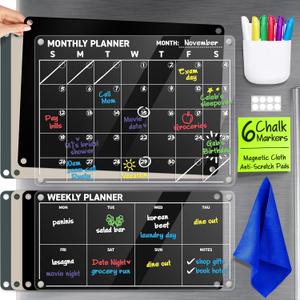Acrylic Calendar for Fridge - Magnetic Calendar for Refrigerator - 2pc Family Refrigerator Magnetic Dry Erase Planning Board Monthly Weekly - 6 Markers & 3 Backgrounds - Easter Gifts for Women & Men