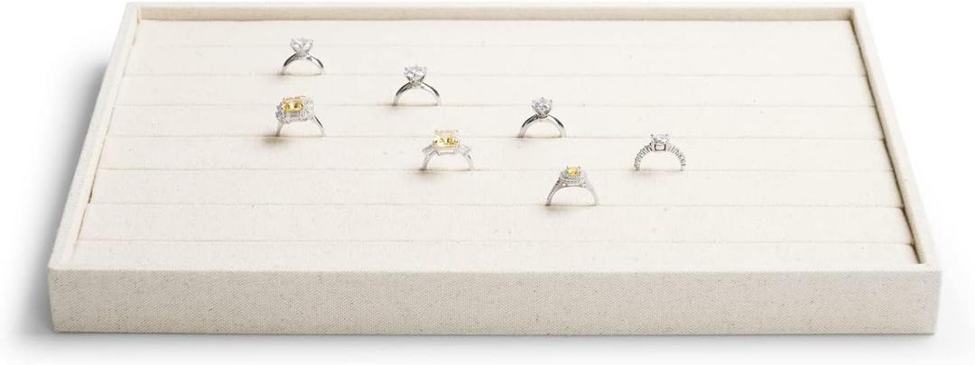 7-Slot Linen Jewelry Display Tray – Elegant Organizer for Rings, Earrings, Studs | Compact Storage & Decorative Showcase for Jewelry Accessories (White)