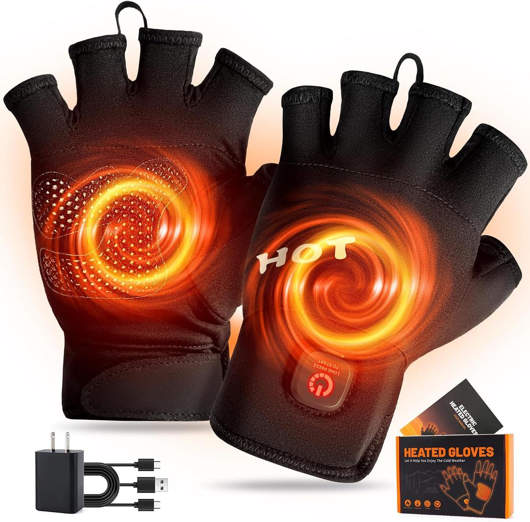 Heated Gloves for Men Women- Rechargeable Electric Full&Half Hands Electric Heated Gloves Work Arthritis Pain Relief Hot Compress Hand Warmers for Cycling Skiing Hunting (Fingerless, Large)