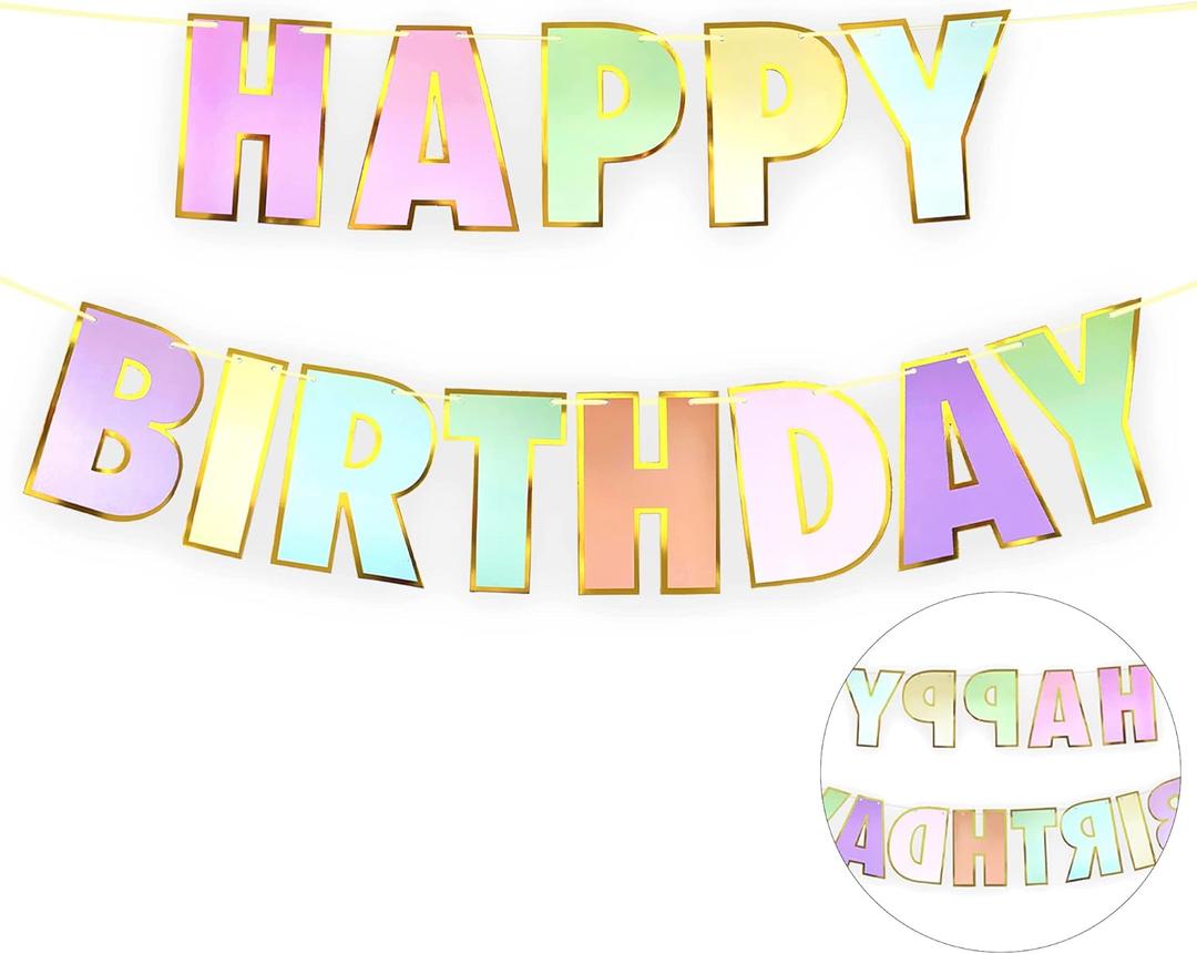 Double-Sided Colorful Happy Birthday Banner with Gold Glitter Bander, Thickened Happy Birthday Sign, Reusable Pastel Birthday Party Decorations Supplies(Double-side Pastel)