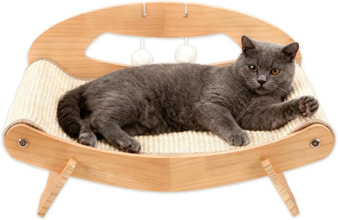 3-in-1 Large Sisal Cat Scratch Bed, Thicker Natural Sisal 22 Elevated Wooden Frame Hammock Lounge for Indoor Cats Sleep, Scratch & Play