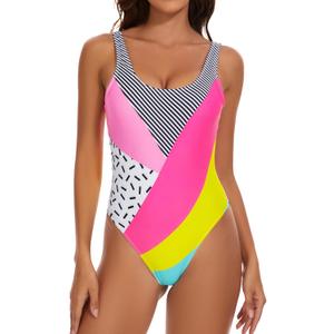MIAIULIA Women's Retro 80s/90s Inspired High Cut Low Back Padding One Piece Swimwear Bathing Suits (Large, Color Block Rose)