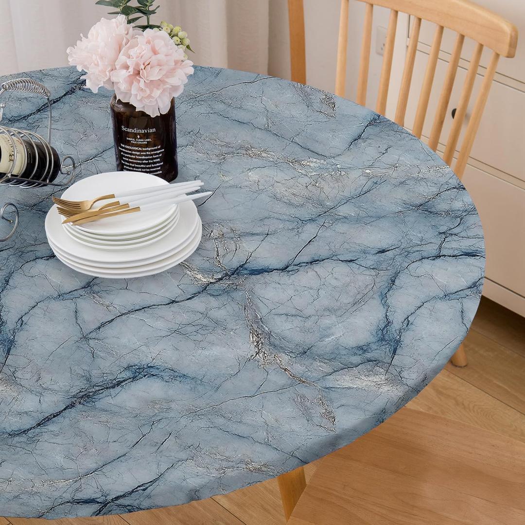 Round Tablecloth Fitted Elastic Edge Patio Table Covers Wrinkle Resistant Waterproof Vinyl Table Cloth for Picnic Camping Indoor and Outdoor Blue Marble 45"-56"