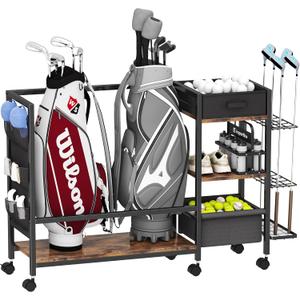 Golf Bag Storage Organizer for Garage, Golf Organizer with Extra Golf Rack and Side Fabric Bag for 20 Golf Clubs & Golf Essentials, Golf Bag Stand for Golf Bag Accessories, Ideal Golf Gifts for Men