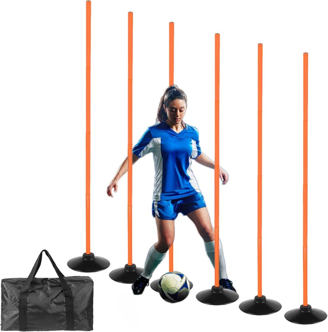6 Pcs 5FT Adjustable Agility Training Poles for Soccer,Basketball, Football, Horse,Dog-Speed and Agility Training Equipment Sports Training Poles with Rubber Bases and BagOrange